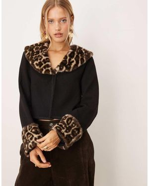 Sister Jane Velma Leopard Print Faux Fur Contrast Collar And Cuff Detail Cardigan - Black