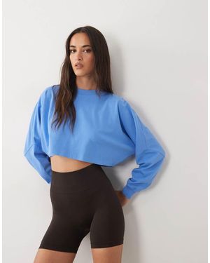 4505 Camiseta De Manga Larga Corta Con Hombros Caídos De Algodón Grueso En Azul Celeste