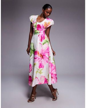 Forever New Scoop Neck Puff Sleeve Panelled Seam Midi Dress - Pink