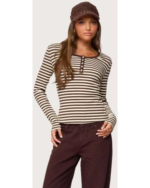 Edikted Roma Striped Henley Top - Brown
