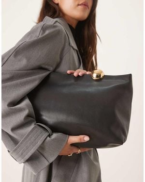 Mango 100% Leather Large Clutch Bag With Accent Fastening - Grey