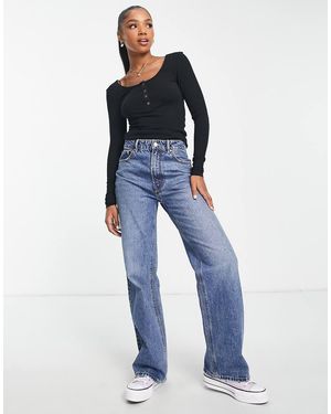 Pieces Ribbed Popper Detail Top - Black
