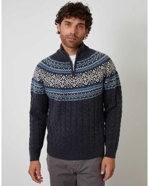 Threadbare Fairisle Cable Knit Quarter Zip Jumper - Blue