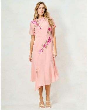 Hope & Ivy The Sienna-Mae Embellished Slash Neck Midi Dress With Bow Shoulder Detail - Pink