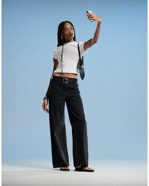 Mango Emma Gold Button Wide Leg Jean - Blue