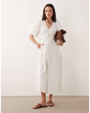 New Look Puff Sleeve V Neck Midi Dress - Natural