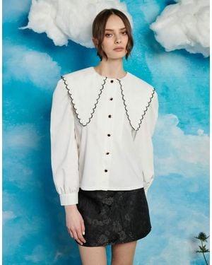 Sister Jane Camicia Oversize Avorio Con Colletto E Cuciture A Contrasto - Blu