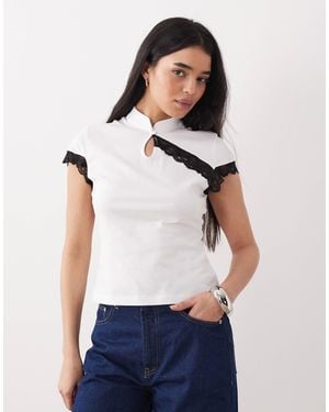 ASOS Cap Sleeve With Mandarin Collar With Lace Detail Top - White