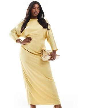 Tfnc Plus Vestido De Dama De Honor Largo Amarillo Con Espalda Desbocada Y Detalle Abullonado De Satén De -Marrón - Metálico