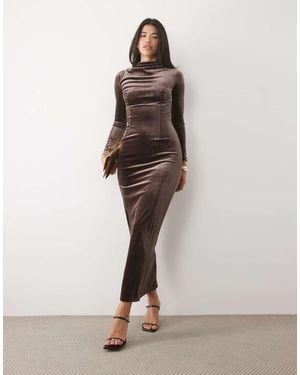 TFNC London Velvet High Neck Ruched Detail Maxi Dress - Natural