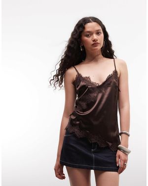 Noisy May Top asymétrique en satin avec ourlet en dentelle - chocolat - Noir