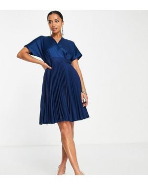 Closet London Petite Wrap Front Pleated Mini Skater Dress - Blue