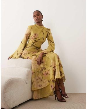 ASOS Long Sleeve High Neck Maxi Dress With Ruffle Godets And Flute Sleeves - Metallic