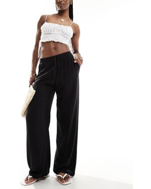 Vila Pantalones Negros De Pernera Ancha Con Lazada En La Cintura De Tacto Efecto Lino De