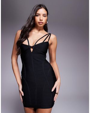 Kaiia Exclusive Premium Sculpting Bandage Bodycon Strappy Keyhole Detail Mini Dress - Black