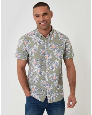 Threadbare Cotton Floral Print Short Sleeve Shirt - Grey