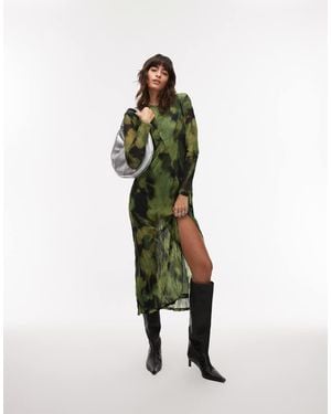 TOPSHOP Blurred Floral Long Sleeve Midi Dress - Green