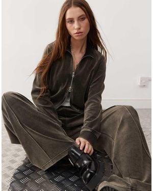 Weekday Velvet Cropped Zip Through Tracksuit Top - Brown