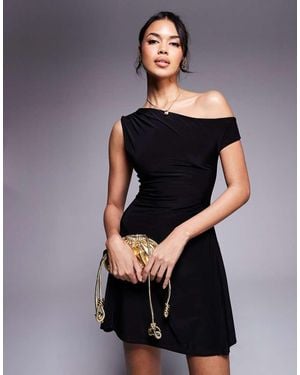 Kaiia Exclusive Double Layered Slinky Off Shoulder Drape Detail Fitted Waist Mini Skater Dress - Black