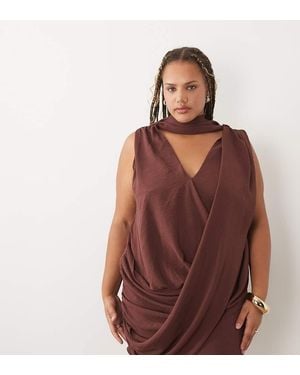 ASOS Asos Design Curve Drape Wrap Front Mini Dress With Scarf Detail - Brown
