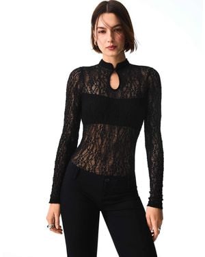 Bershka Langärmliger spitzen-body mit geschlitztem ausschnitt - Schwarz
