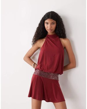 Collusion Vestido Corto Con Cuello Halter Y Cinturilla De Encaje De -Rojo - Rosa
