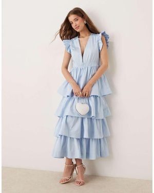Sister Jane Plunge Tiered Midaxi Dress - Blue