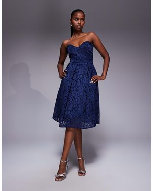 Vesper Bengaline Lace Overlay Bandeau Sweetheart Neckline Pleat Hem Detail Midi Dress - Blue