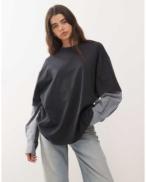 Lioness 2 In 1 Oversized T-shirt Overlay And Striped Long Sleeve Shirt In Charcoal Stripe - Grey
