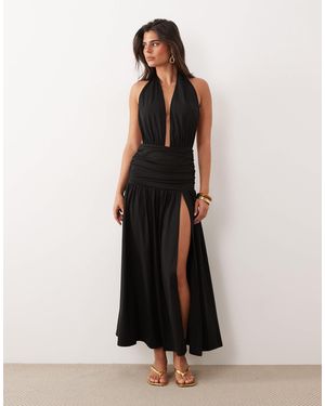 The Frolic Exclusive Plunge Halterneck Shirred Detail Low Back Thigh Split Maxi Dress - Black
