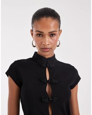 JJXX Mandarin-collar Top With Pankou Clasps - Black