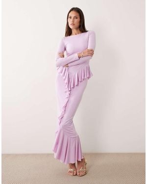 Ruched & Ready Sculpting Long Sleeve Ruffle Drape Detail Maxi Dress - Purple