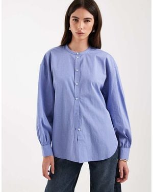 & Other Stories Collarless Check Shirt With Volume Sleeves - Blue