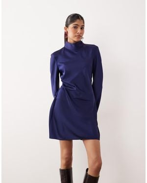 Mango High Neck Satin Long Sleeve Ruched Side Mini Dress - Blue