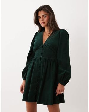 Nobody's Child Riley Cord V-neck Balloon Sleeve Shirred Waist Mini Dress - Green