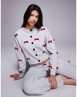 River Island Knitted Bow Detail Cardigan And Trouser Set - Gray