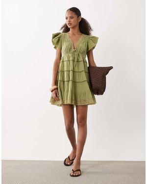 ASOS Tie Front V Neck Mini Dress - Natural