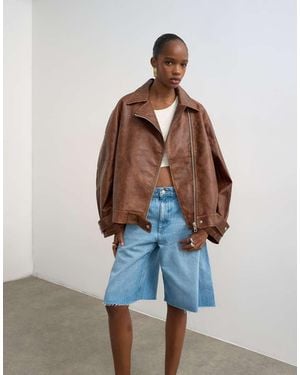 TOPSHOP Faux Leather Funnel Neck Biker Jacket - Brown