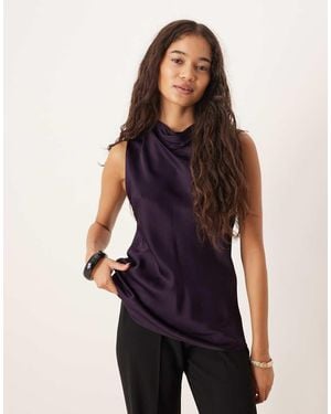 Mango Satin Look High Neck Draped Sleeveless Top - Purple