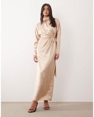 DASKA Satin High Neck Long Sleeve Knot Detail Maxi Dress - Natural