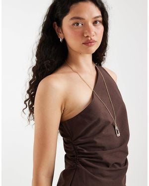 ASOS Linen Blend Ruched Asym One Shoulder Top In - Black