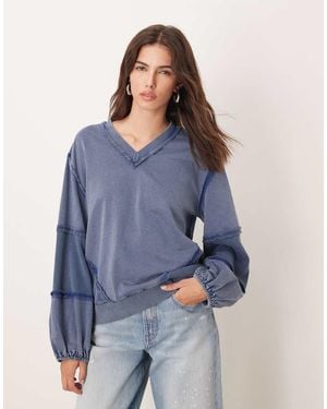 ASOS Sweatshirt Met V-Hals En Paneel Met Wafelstructuur - Blauw