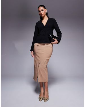 In The Style Bengaline Structured Split Front Pocket Detail Midi Skirt - Blue