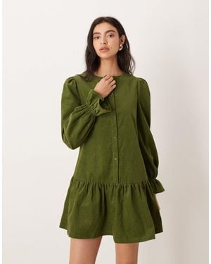 Glamorous Long Sleeve Corduroy Smock Mini Dress - Green