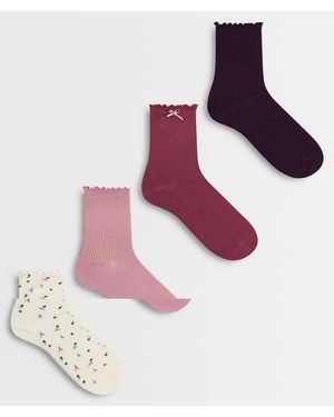 Lindex 4 Pack Lettuce Edge Floral And Bow Applique Socks - Pink
