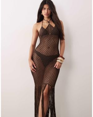 Kaiia Exclusive Premium Halterneck Crochet Tassel Hem Maxi Dress - Brown