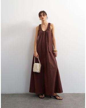 TOPSHOP Cotton Poplin Ruched Neck Maxi Sundress - Brown