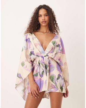 ASOS Exaggerated Sleeve Plunge Playsuit - Pink