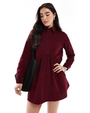Wednesday's Girl Button Through Mini Cord Smock Dress - Red