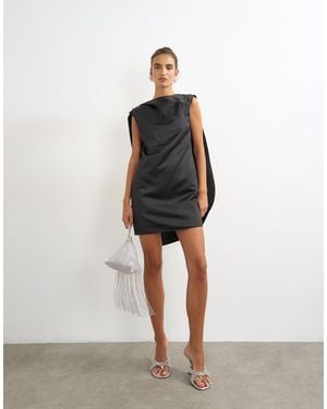 TOPSHOP Satin Asymmetric Pleat Detail Cape Back Mini Dress - Black